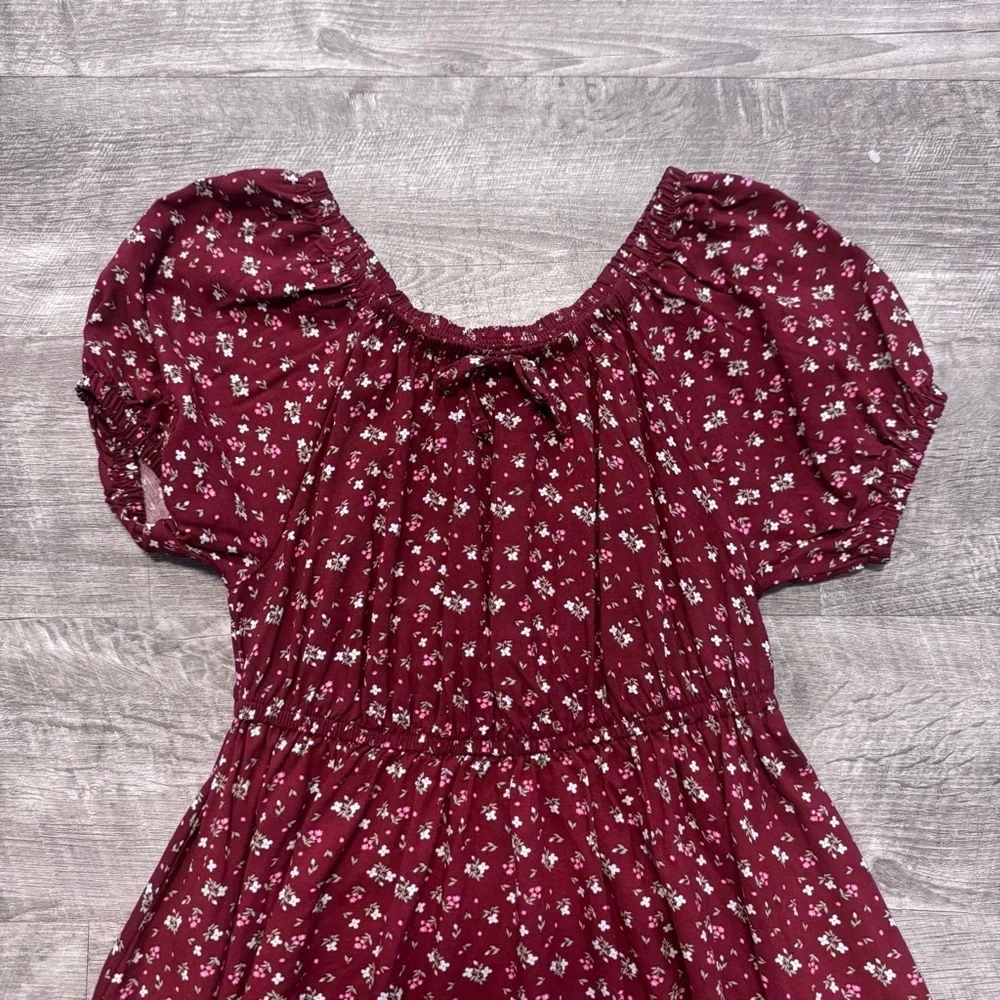 Epic Threads Midi Floral Print Peasant Smocked Dress Burgundy Girls Sz. S